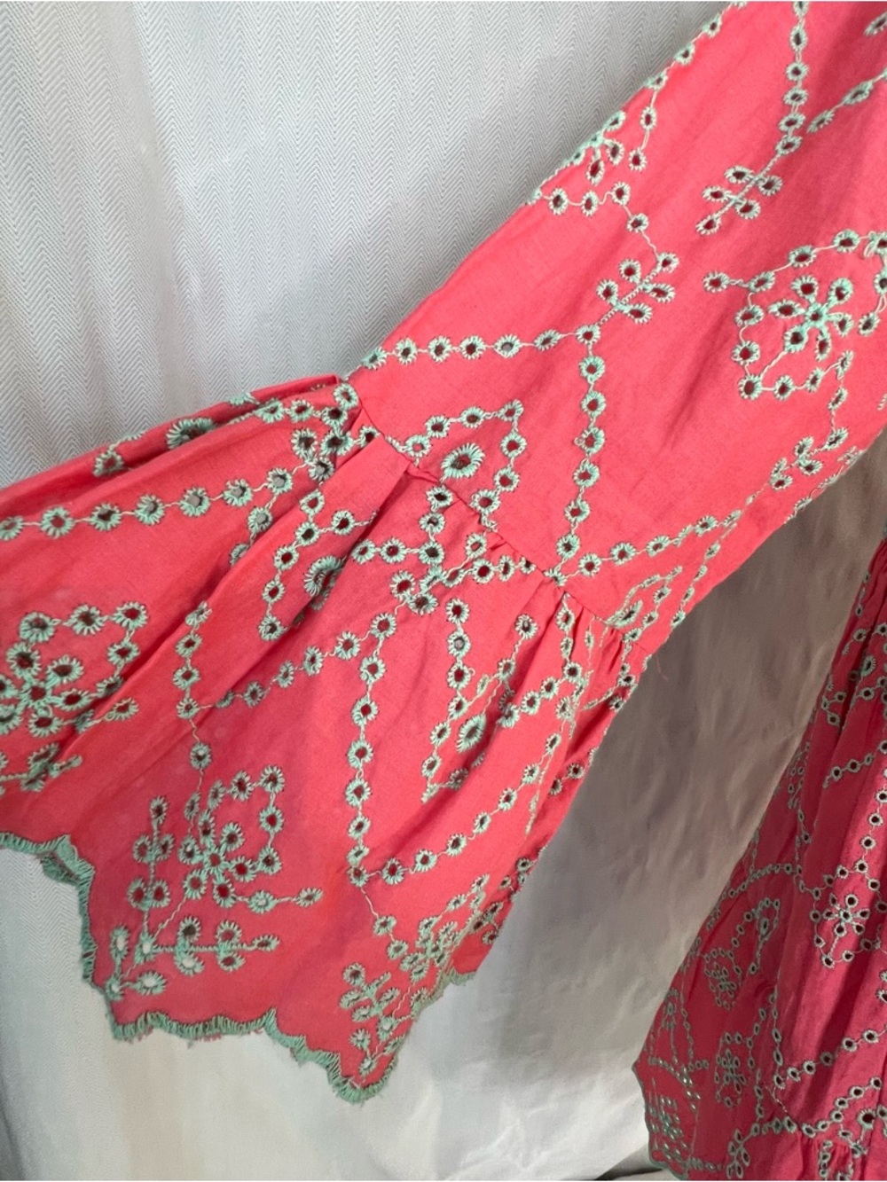Modaposa Cadenza Dress 100% Cotton Embroidered Eyelet Pink W/Green Accents S ๐ - Picture 4 of 11